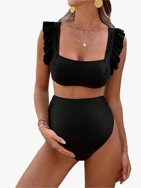 Black Ruffle Shoulder High-Waist Maternity Bikini